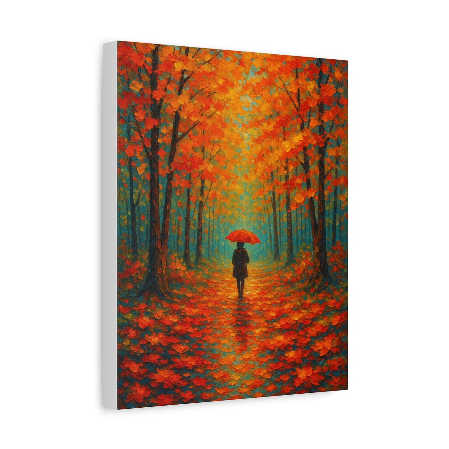 Autumn Forest Wall Art Print – Fall Leaves Pathway with Red Umbrella | Cozy Seasonal Landscape Decor