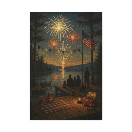 4th of July Fireworks Lake Scene Wall Art – Patriotic Americana Print with Family, Dog & Flag | Vintage Summer Decor
