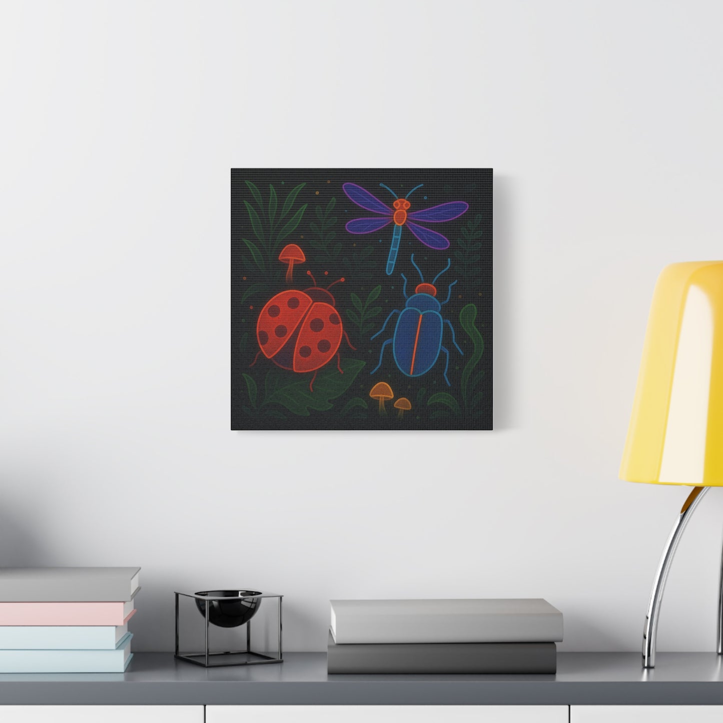 Neon Bug Art Print – Colorful Insects, Dragonfly, and Ladybug Wall Decor | Glow-Inspired Nature Illustration