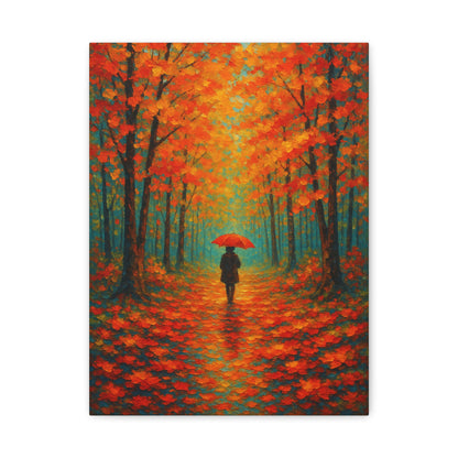 Autumn Forest Wall Art Print – Fall Leaves Pathway with Red Umbrella | Cozy Seasonal Landscape Decor