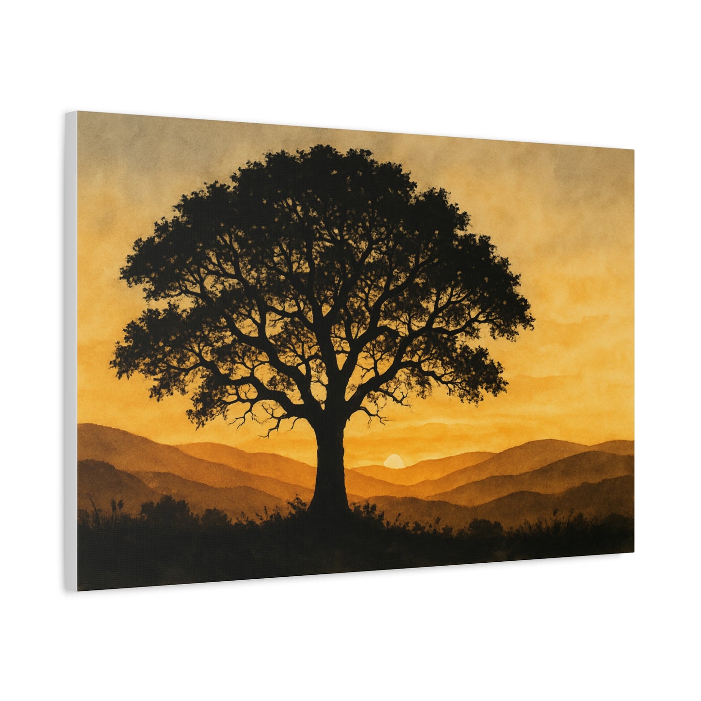 Lone Tree at Sunset – Watercolor Landscape Wall Art on Canvas