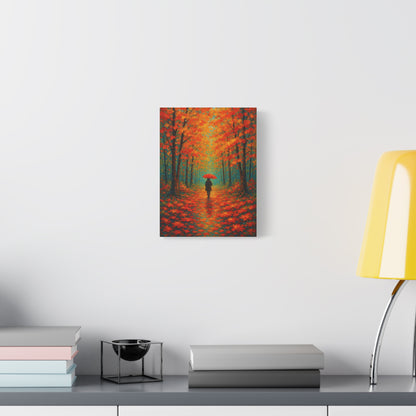 Autumn Forest Wall Art Print – Fall Leaves Pathway with Red Umbrella | Cozy Seasonal Landscape Decor