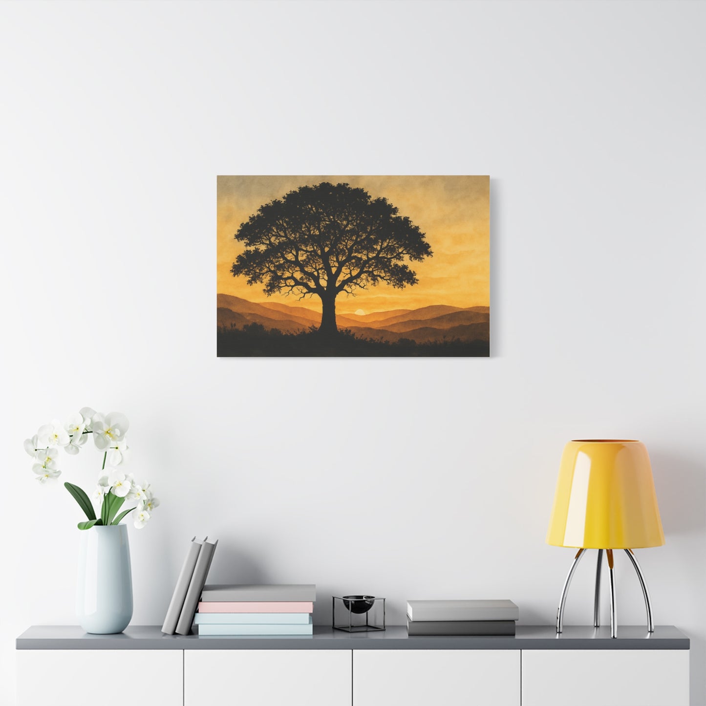 Lone Tree at Sunset – Watercolor Landscape Wall Art on Canvas