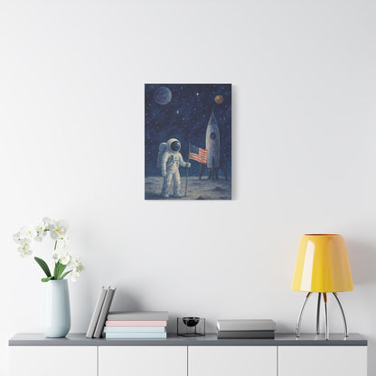 Astronaut on the Moon Wall Art – Watercolor Space Canvas Print with Rocket and American Flag
