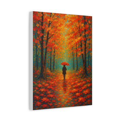 Autumn Forest Wall Art Print – Fall Leaves Pathway with Red Umbrella | Cozy Seasonal Landscape Decor
