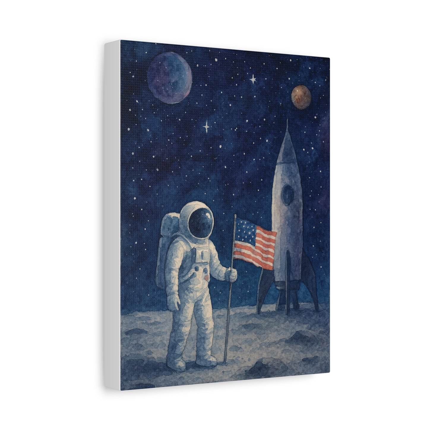 Astronaut on the Moon Wall Art – Watercolor Space Canvas Print with Rocket and American Flag