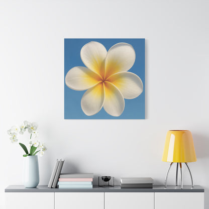 Plumeria Flower Wall Art – Minimalist Tropical Canvas Print with Blue Sky Background