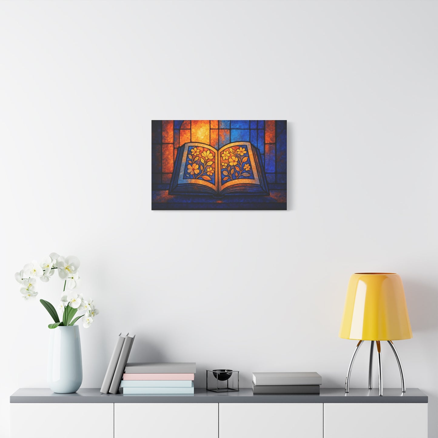 Stained Glass Book Canvas Print, Literary Home Decor, Book Lovers Gift, Colorful Wall Art, Flower Design