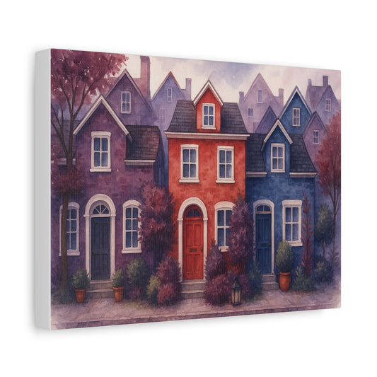 Colorful Row Houses Wall Art – Watercolor Canvas Print of Cozy Townhomes for Living Room or Entryway Decor