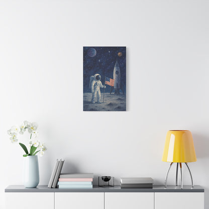 Astronaut on the Moon Wall Art – Watercolor Space Canvas Print with Rocket and American Flag