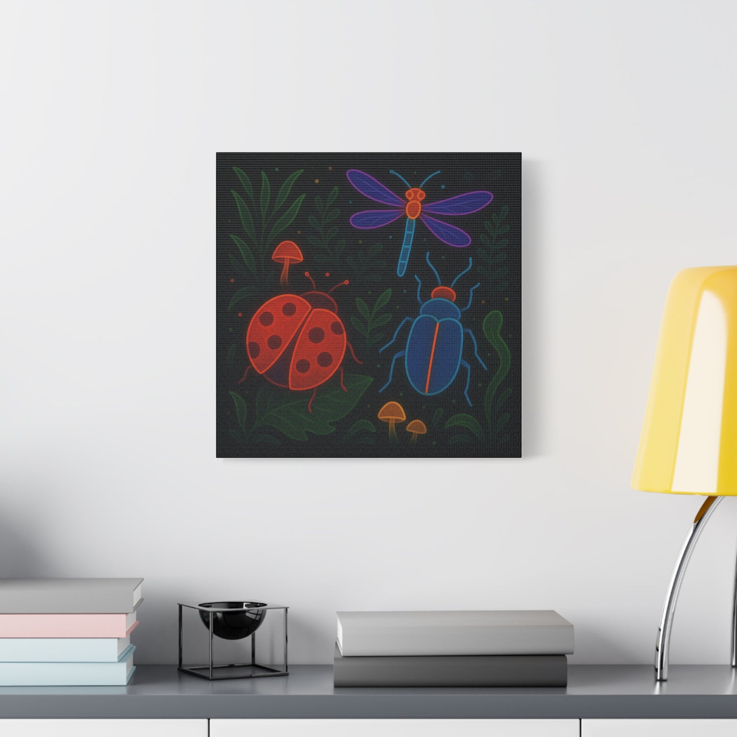 Neon Bug Art Print – Colorful Insects, Dragonfly, and Ladybug Wall Decor | Glow-Inspired Nature Illustration