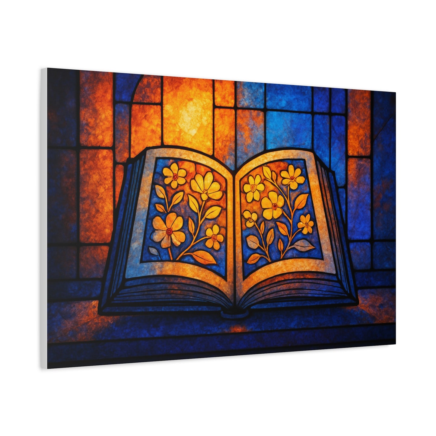 Stained Glass Book Canvas Print, Literary Home Decor, Book Lovers Gift, Colorful Wall Art, Flower Design