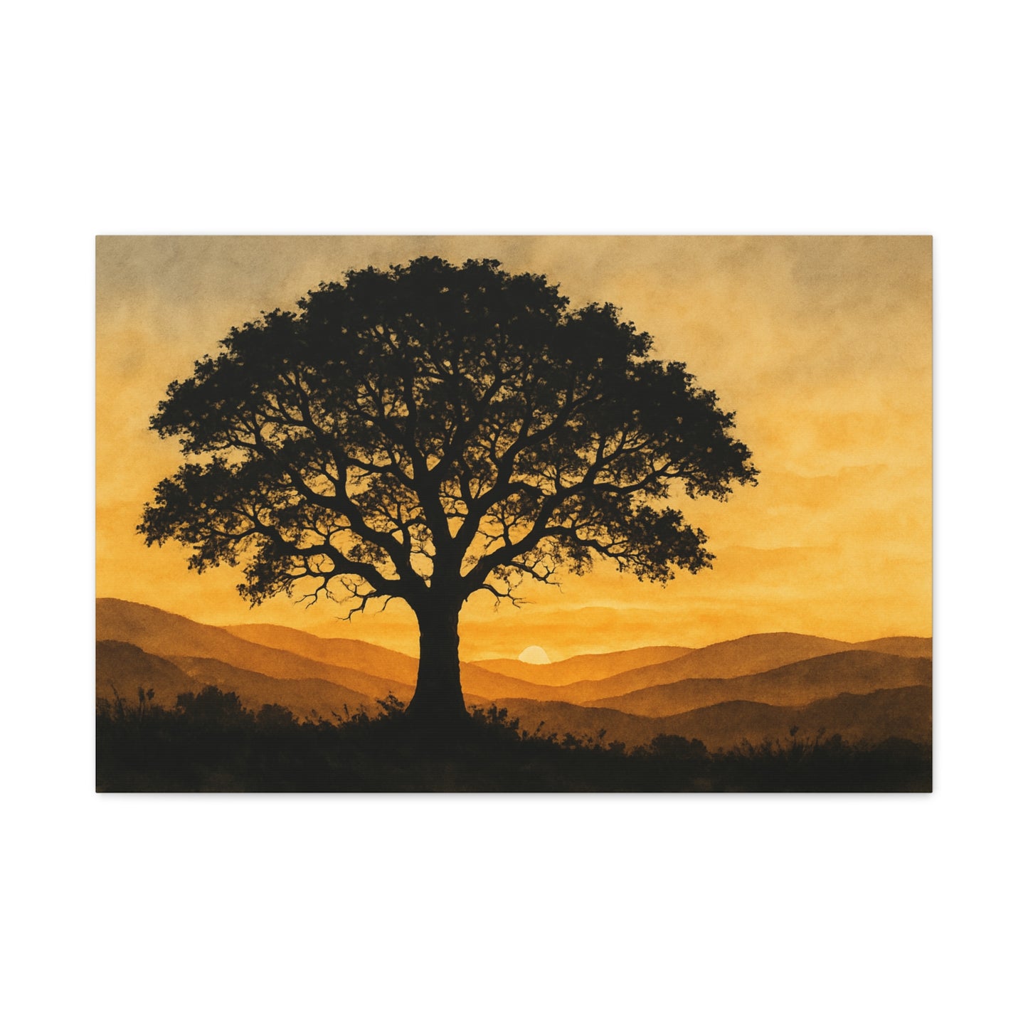 Lone Tree at Sunset – Watercolor Landscape Wall Art on Canvas