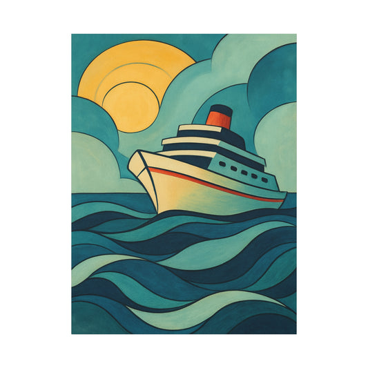 Retro Cruise Ship Wall Art – Bold Ocean Waves and Sunset Canvas Print for Coastal or Nautical Decor