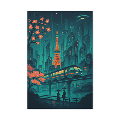 Futuristic Tokyo Cityscape Wall Art – Neon Sci-Fi Train Print with Cherry Blossoms & UFOs | Cyberpunk Decor
