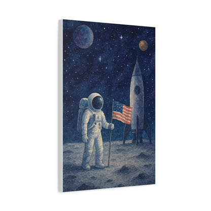 Astronaut on the Moon Wall Art – Watercolor Space Canvas Print with Rocket and American Flag
