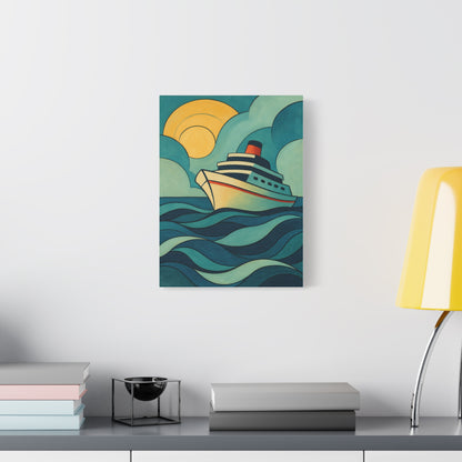Retro Cruise Ship Wall Art – Bold Ocean Waves and Sunset Canvas Print for Coastal or Nautical Decor
