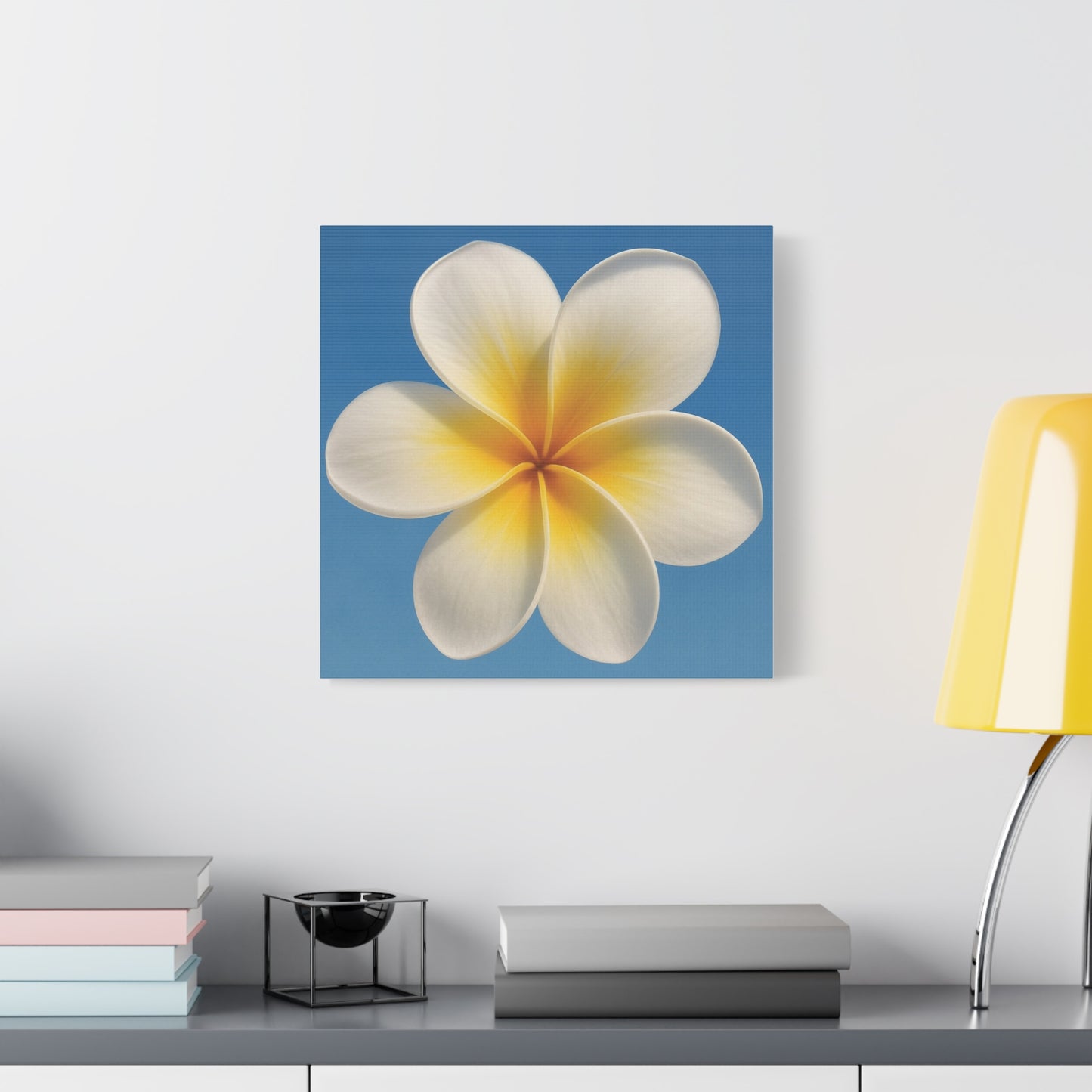 Plumeria Flower Wall Art – Minimalist Tropical Canvas Print with Blue Sky Background