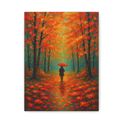 Autumn Forest Wall Art Print – Fall Leaves Pathway with Red Umbrella | Cozy Seasonal Landscape Decor