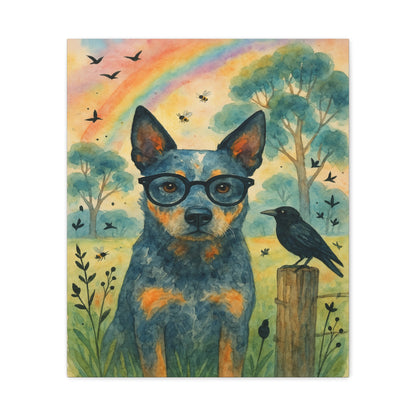 Blue Heeler Dog Art Print with Glasses – Whimsical Watercolor Canvas Wall Decor