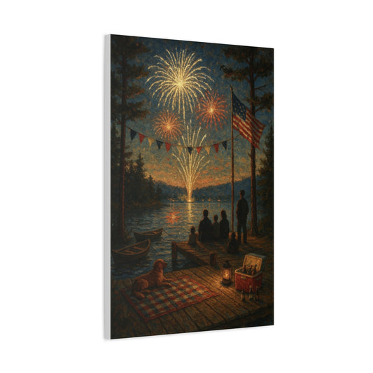 4th of July Fireworks Lake Scene Wall Art – Patriotic Americana Print with Family, Dog & Flag | Vintage Summer Decor