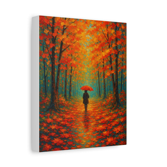 Autumn Forest Wall Art Print – Fall Leaves Pathway with Red Umbrella | Cozy Seasonal Landscape Decor