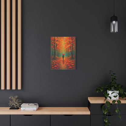 Autumn Forest Wall Art Print – Fall Leaves Pathway with Red Umbrella | Cozy Seasonal Landscape Decor