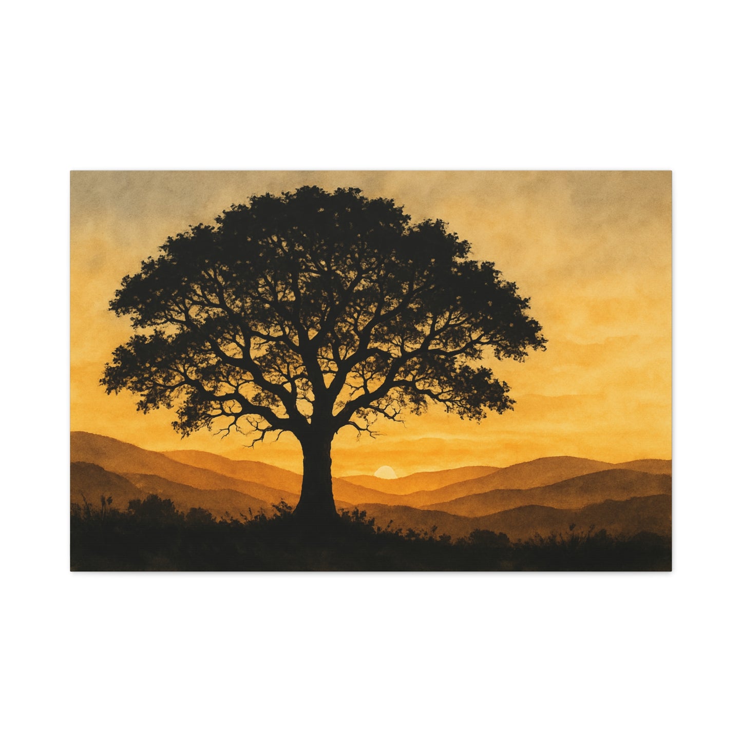 Lone Tree at Sunset – Watercolor Landscape Wall Art on Canvas