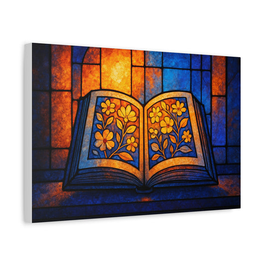 Stained Glass Book Canvas Print, Literary Home Decor, Book Lovers Gift, Colorful Wall Art, Flower Design