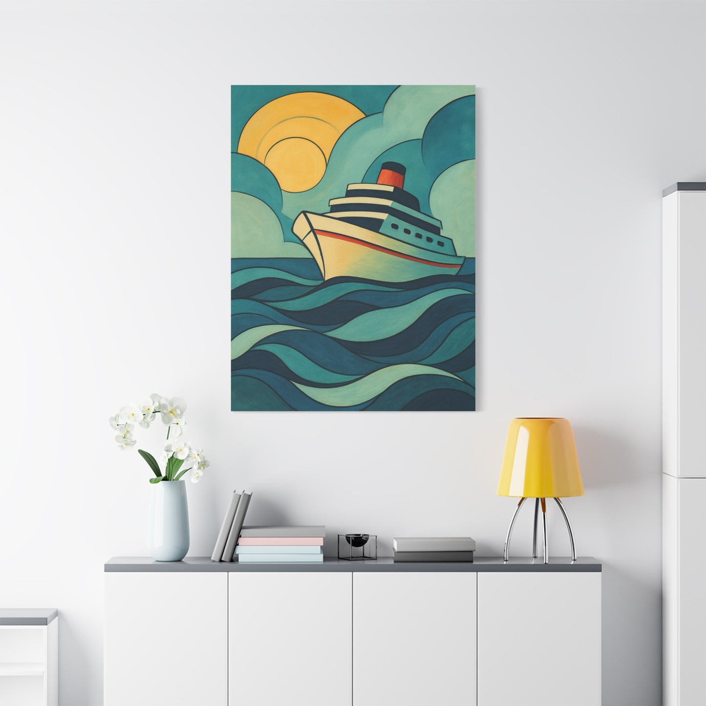 Retro Cruise Ship Wall Art – Bold Ocean Waves and Sunset Canvas Print for Coastal or Nautical Decor