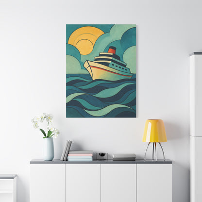 Retro Cruise Ship Wall Art – Bold Ocean Waves and Sunset Canvas Print for Coastal or Nautical Decor