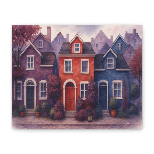 Colorful Row Houses Wall Art – Watercolor Canvas Print of Cozy Townhomes for Living Room or Entryway Decor