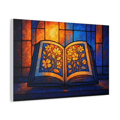 Stained Glass Book Canvas Print, Literary Home Decor, Book Lovers Gift, Colorful Wall Art, Flower Design