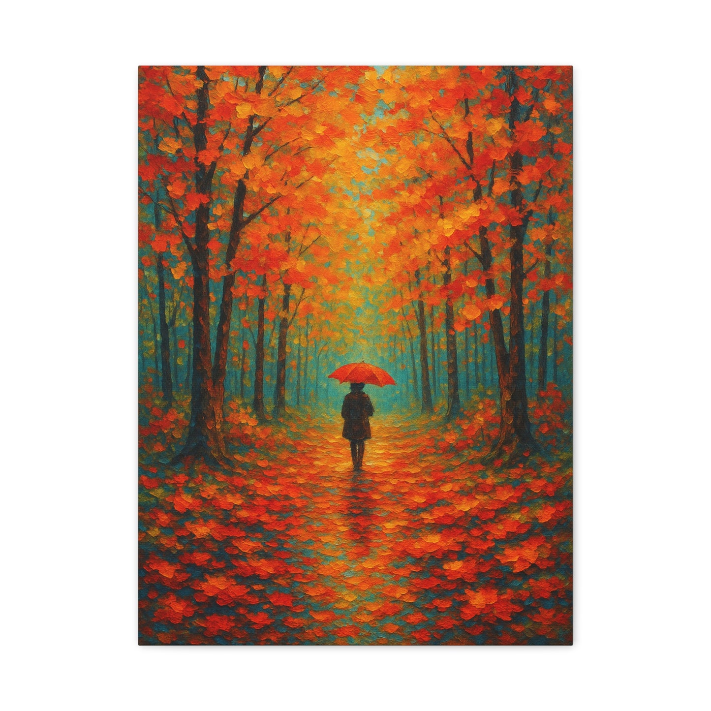 Autumn Forest Wall Art Print – Fall Leaves Pathway with Red Umbrella | Cozy Seasonal Landscape Decor
