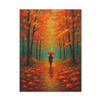 Autumn Forest Wall Art Print – Fall Leaves Pathway with Red Umbrella | Cozy Seasonal Landscape Decor