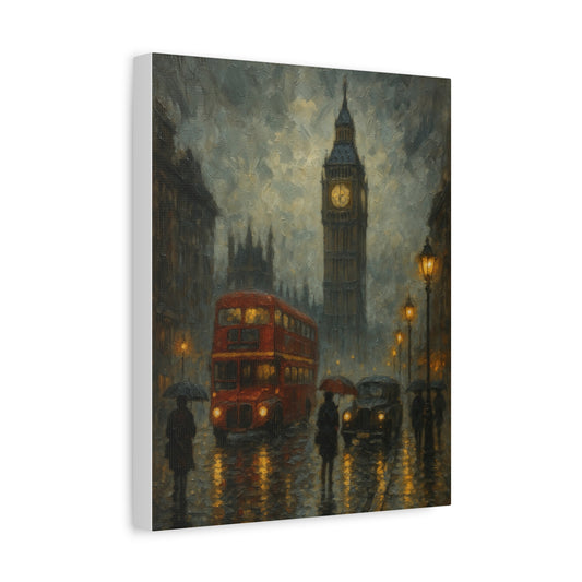 Vintage London Street Scene Art – Rainy Big Ben & Red Bus Wall Print for British Decor