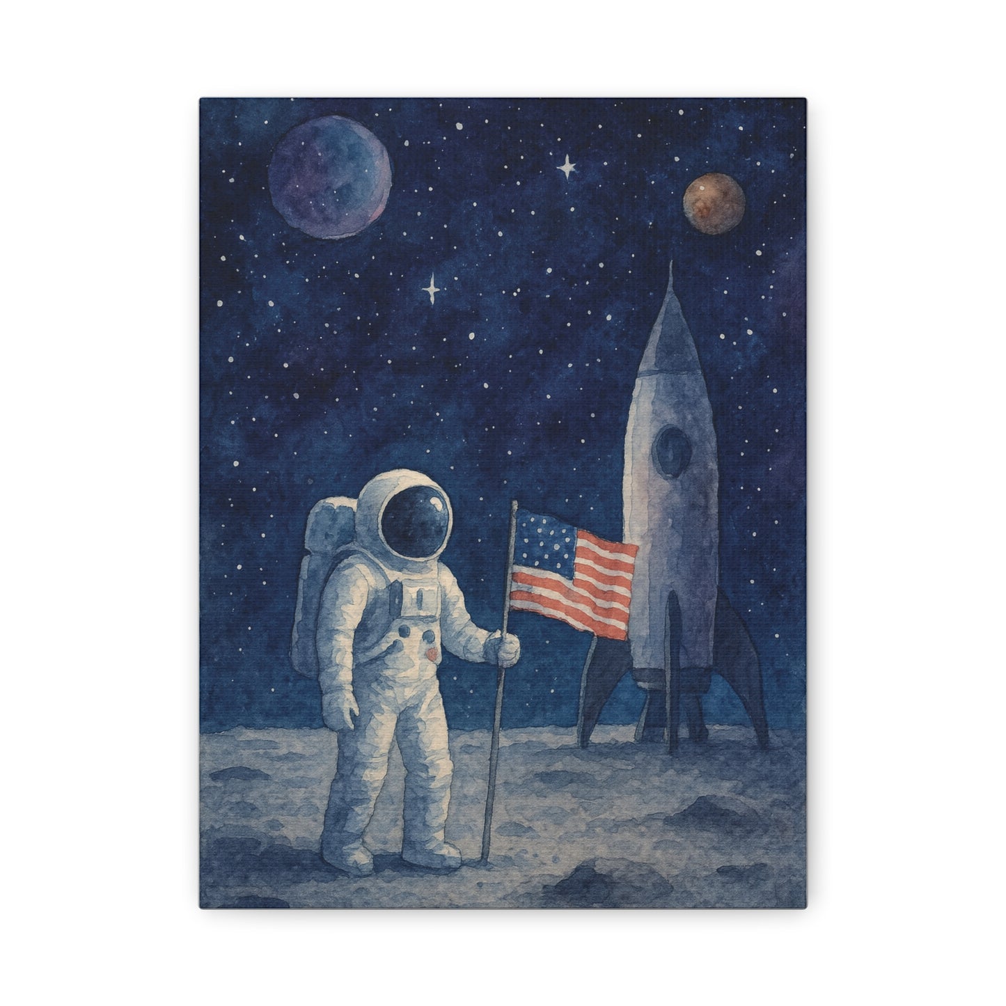 Astronaut on the Moon Wall Art – Watercolor Space Canvas Print with Rocket and American Flag