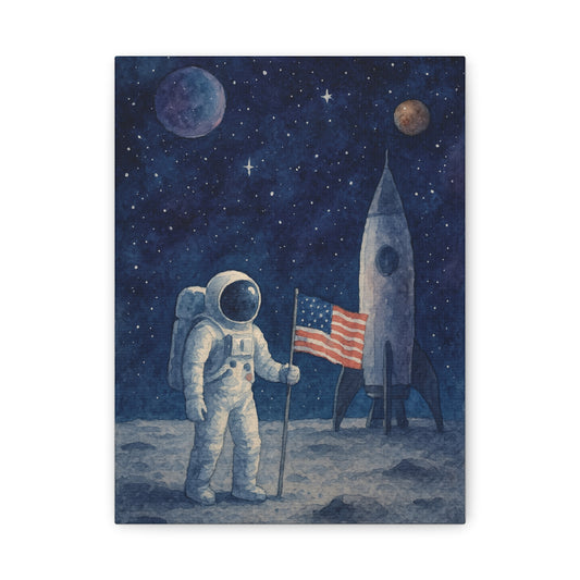 Astronaut on the Moon Wall Art – Watercolor Space Canvas Print with Rocket and American Flag