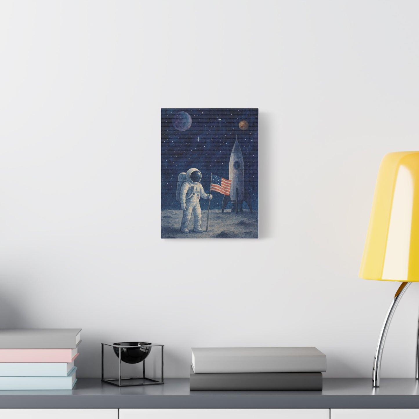 Astronaut on the Moon Wall Art – Watercolor Space Canvas Print with Rocket and American Flag