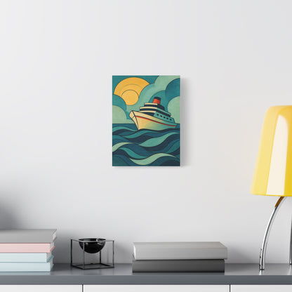 Retro Cruise Ship Wall Art – Bold Ocean Waves and Sunset Canvas Print for Coastal or Nautical Decor