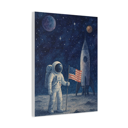 Astronaut on the Moon Wall Art – Watercolor Space Canvas Print with Rocket and American Flag