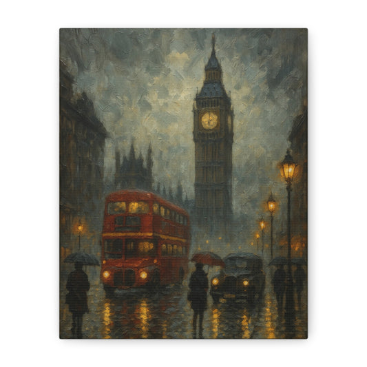 Vintage London Street Scene Art – Rainy Big Ben & Red Bus Wall Print for British Decor