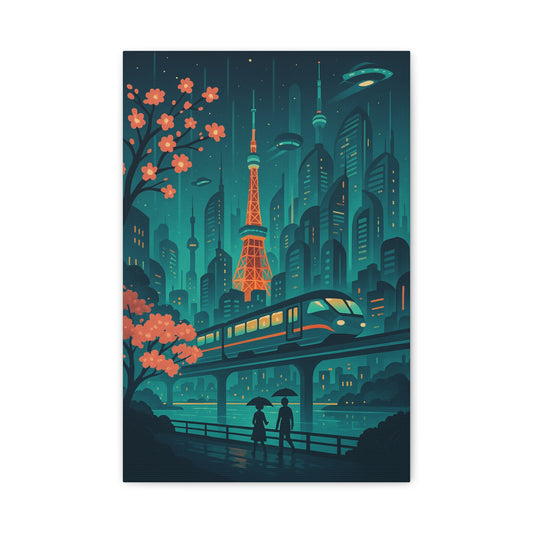 Futuristic Tokyo Cityscape Wall Art – Neon Sci-Fi Train Print with Cherry Blossoms & UFOs | Cyberpunk Decor