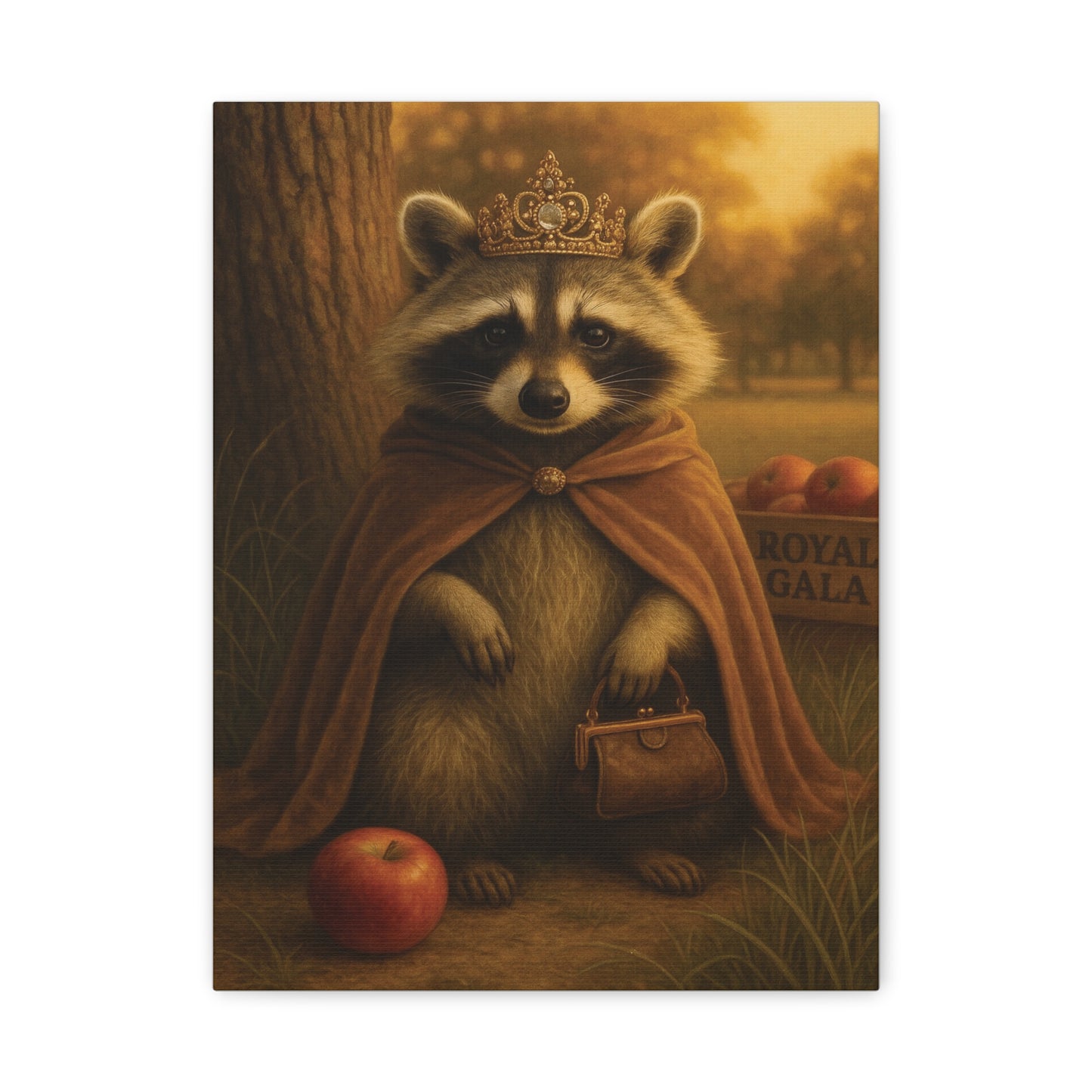 Royal Raccoon Wall Art – Whimsical Woodland Animal Canvas Print with Crown and Cape for Nursery or Cozy Home Decor