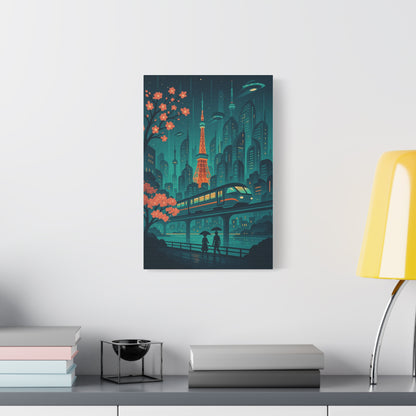 Futuristic Tokyo Cityscape Wall Art – Neon Sci-Fi Train Print with Cherry Blossoms & UFOs | Cyberpunk Decor