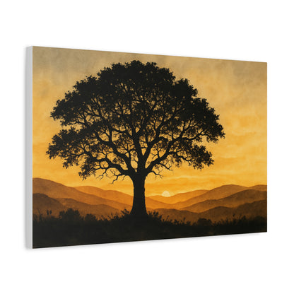 Lone Tree at Sunset – Watercolor Landscape Wall Art on Canvas