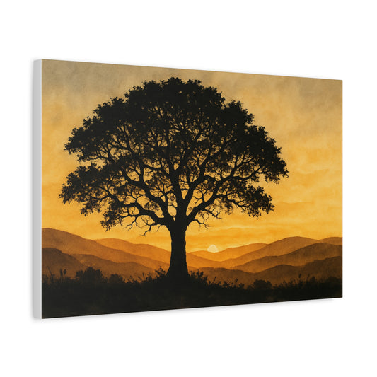 Lone Tree at Sunset – Watercolor Landscape Wall Art on Canvas