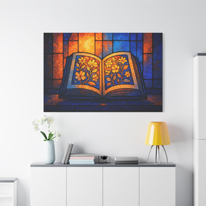 Stained Glass Book Canvas Print, Literary Home Decor, Book Lovers Gift, Colorful Wall Art, Flower Design