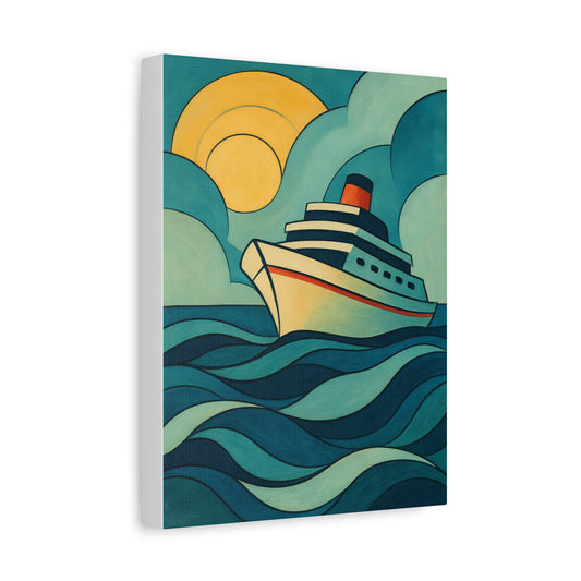 Retro Cruise Ship Wall Art – Bold Ocean Waves and Sunset Canvas Print for Coastal or Nautical Decor