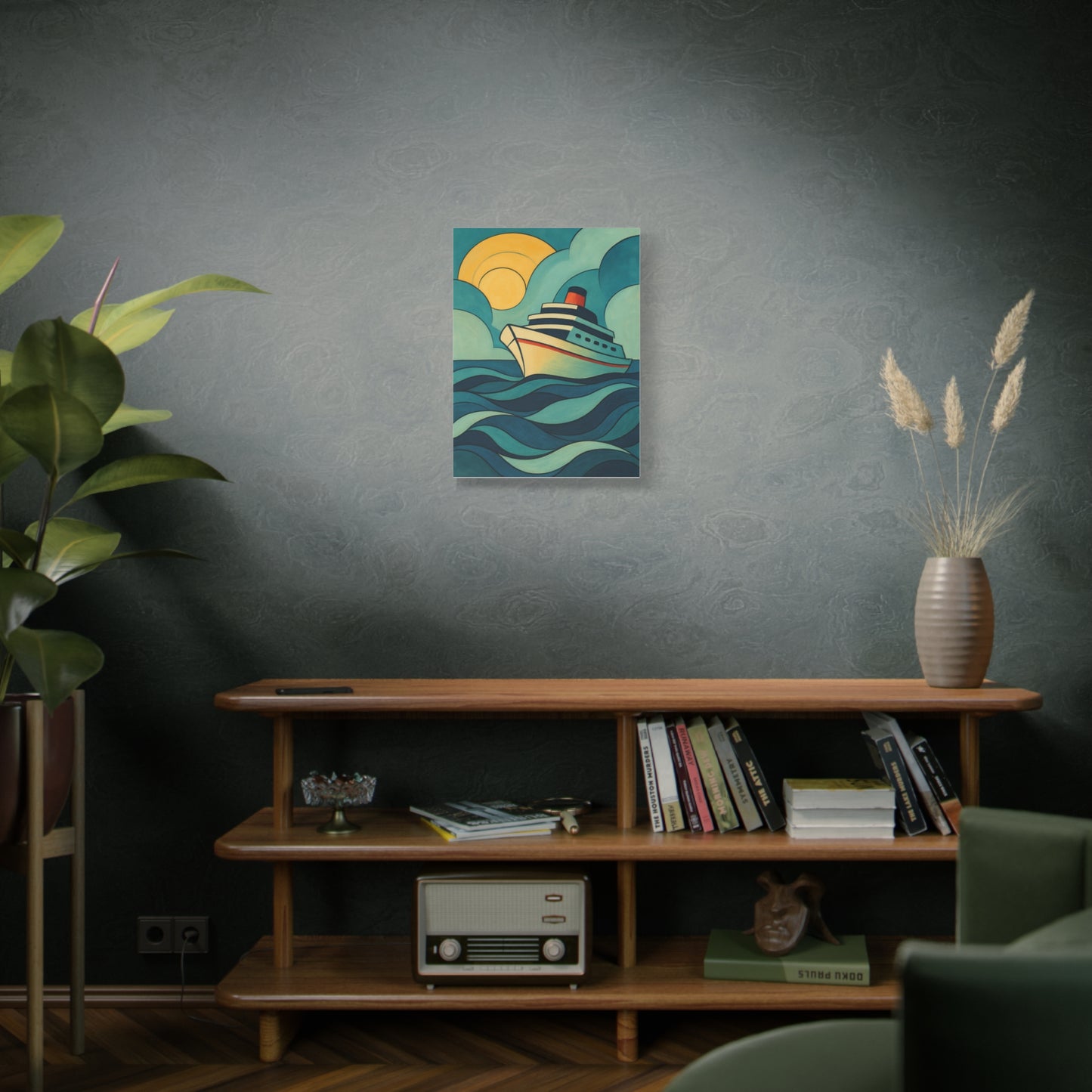 Retro Cruise Ship Wall Art – Bold Ocean Waves and Sunset Canvas Print for Coastal or Nautical Decor